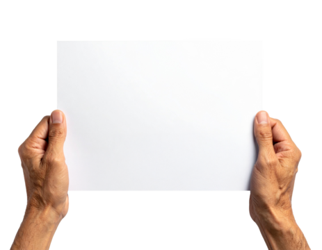Hands holding a blank white paper sign for text or advertising Isolated on transparent or white, Cut out