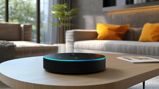 A holographic digital assistant floats above a coffee table, emitting soft glowing light and forming an AI interface that blends seamlessly with a modern cozy home environment.