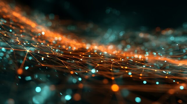 Abstract network of glowing orange and teal lights and connections.