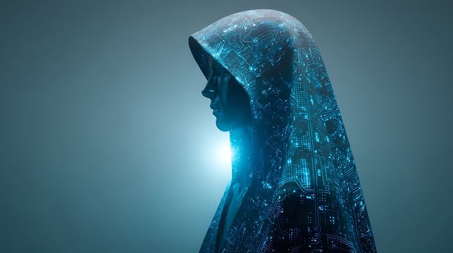 Mysterious figure in a hooded cloak made of glowing digital particles.