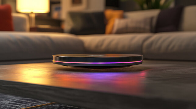 A holographic digital assistant floats above a coffee table, emitting soft glowing light and forming an AI interface that blends seamlessly with a modern cozy home environment.