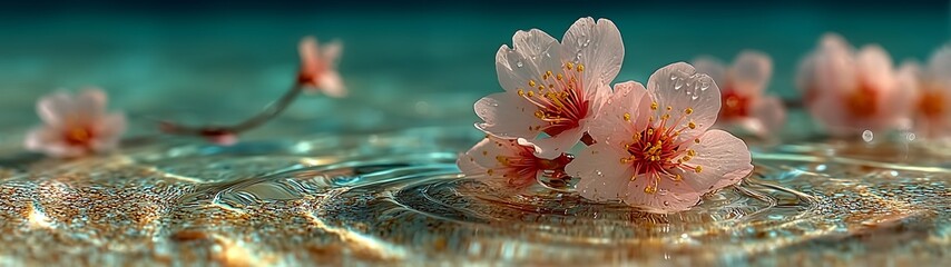 Dreamy Spring Scene with Pink Cherry Blossoms Falling on Clear Green Water and White Sand Beach, Petals Floating on Rippled Surface, Ideal for Beauty or Romantic Theme Design.