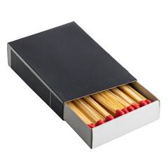 Open black matchbox with wooden matches showing red tips Isolated on transparent or white, Cut out