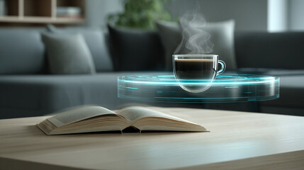 A holographic digital assistant floats above a coffee table, emitting soft glowing light and forming an AI interface that blends seamlessly with a modern cozy home environment.