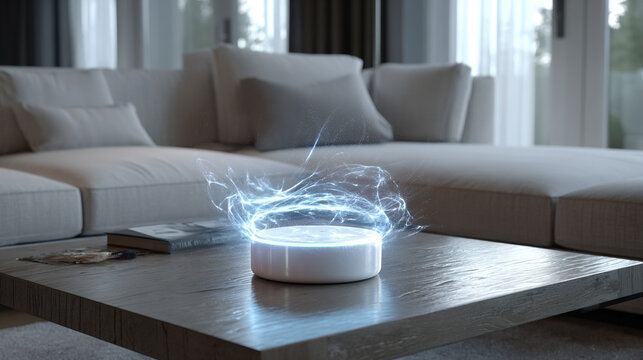 A holographic digital assistant floats above a coffee table, emitting soft glowing light and forming an AI interface that blends seamlessly with a modern cozy home environment.