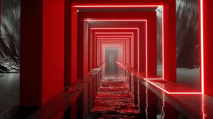 An infinite neon corridor representing a quantum tunnel, glowing with shifting light bands and vibrant colors, creating a surreal sense of depth, motion, and futuristic physics-inspired energy