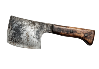 An old and weathered meat cleaver isolated on transparent background, showing signs of rust and wear, with a wooden handle secured by metal rivets, lying horizontally