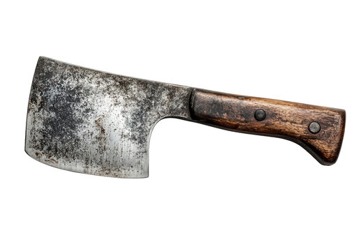 An old and weathered meat cleaver isolated on transparent background, showing signs of rust and wear, with a wooden handle secured by metal rivets, lying horizontally