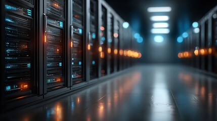 A view of a server room with rows of server racks and blinking lights in a dark and futuristic space