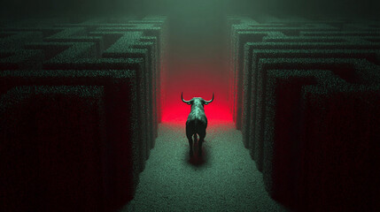A glowing minotaur stands guard inside a vast digital labyrinth, illuminated by shifting neon pathways that evoke mystery danger and futuristic mythology in a cyber realm.