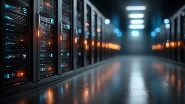 A view of a server room with rows of server racks and blinking lights in a dark and futuristic space