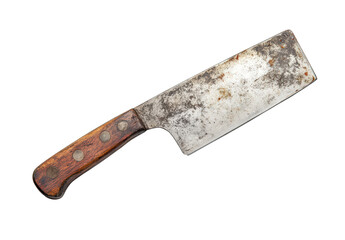 A rusty and weathered meat cleaver isolated on transparent background, featuring a wooden handle with metal rivets, showcasing signs of age and use in a horizontal position