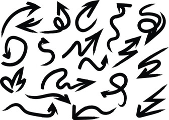 Diverse handdrawn arrow collection, pointing in various directions with bold, artistic brushstrokes on transparent background