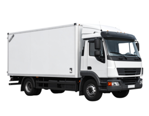 White delivery box truck side view, a commercial cargo vehicle mockup Isolated on transparent or white, Cut out