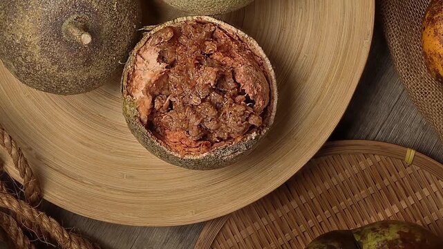 Unique exotic rare Asian fruit green elephant apple chalta ou tenga amra kedondong Ambarella wood apple kod bel on rustic wood jute rope table background pan zoom out