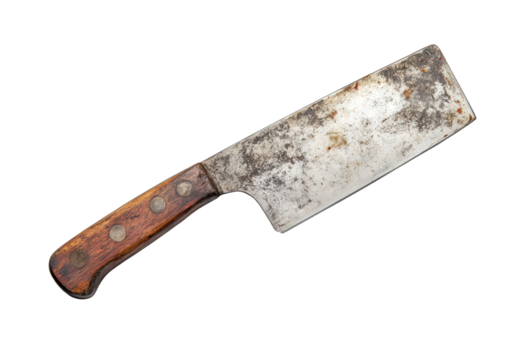 A rusty and weathered meat cleaver isolated on transparent background, featuring a wooden handle with metal rivets, showcasing signs of age and use in a horizontal position