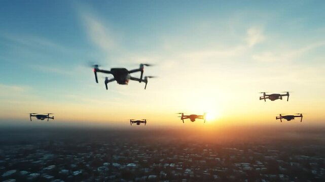 Multiple modern drones flying over a city skyline at sunset in a technologically advanced concept