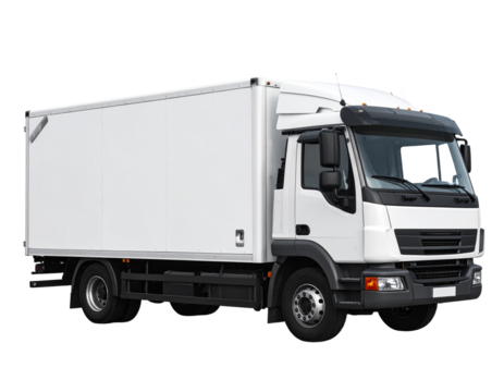 White delivery box truck side view, a commercial cargo vehicle mockup Isolated on transparent or white, Cut out