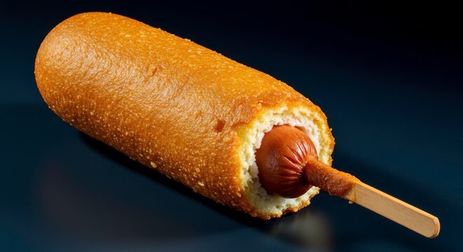 Close-up shot of a delicious golden brown corn dog on a stick against dark backdrop