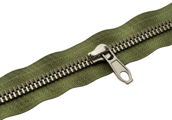 Close up of a green fabric zipper with metal teeth and pull tab isolated on transparent background