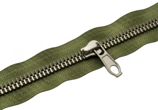 Close up of a green fabric zipper with metal teeth and pull tab isolated on transparent background