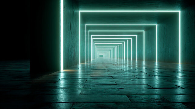 An infinite neon corridor representing a quantum tunnel, glowing with shifting light bands and vibrant colors, creating a surreal sense of depth, motion, and futuristic physics-inspired energy - Powered by Adobe