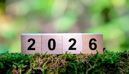 Exciting 2026 year ahead, wooden blocks on moss in lush green nature background. A fresh start, new beginnings, future goals and calendar concept