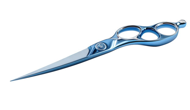 Silver hair cutting scissors isolated on transparent background, featuring sharp blades and ergonomic handles, ideal for professional stylists and home use