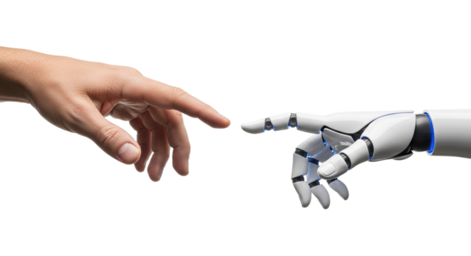 Human and robotic hands reaching for connection, symbolizing technology and future interaction