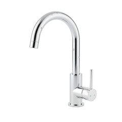 Polished Chrome Kitchen Faucet with a High Arc Spout and Single Handle Control for Modern Home and Commercial Use with Clean Lines and a Reflective Surface in a Studio Lighting Setup