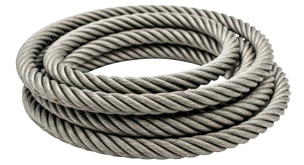 Coiled grey steel rope: heavy duty industrial cable with intricate twisting pattern