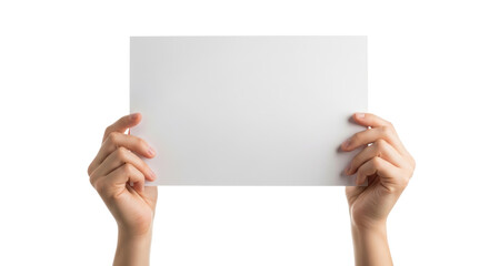 Hands holding blank white paper isolated on black background for custom text or design