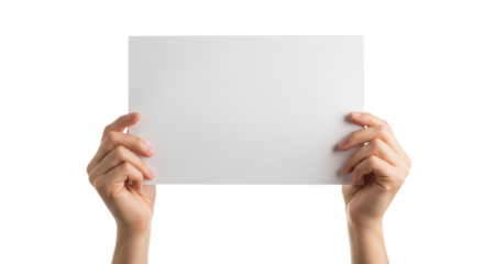 Hands holding blank white paper isolated on black background for custom text or design