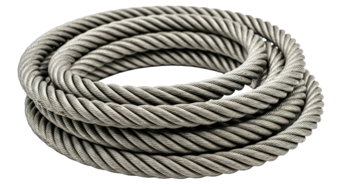 Coiled grey steel rope: heavy duty industrial cable with intricate twisting pattern - Powered by Adobe