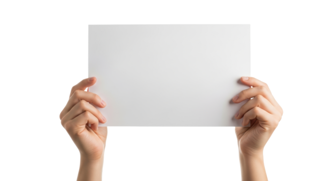 Hands holding blank white paper isolated on black background for custom text or design - Powered by Adobe