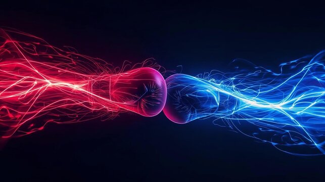Red and blue energy fists colliding on dark background. Dynamic light streaks symbolizing fight, power, impact and versus concept.