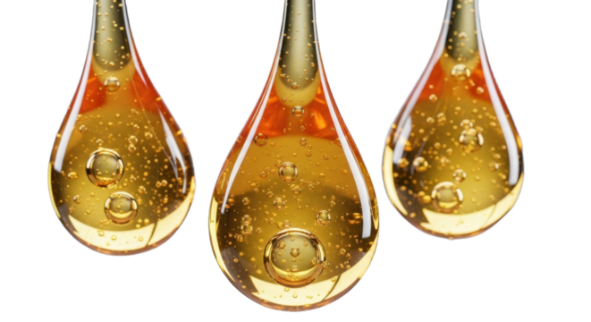Transparent oil droplets with air bubbles on black background