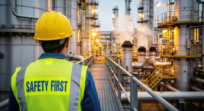 Rear view of an engineer wearing a 'SAFETY FIRST' vest and hard hat, overseeing operations at a modern petrochemical plant at twilight. - Powered by Adobe