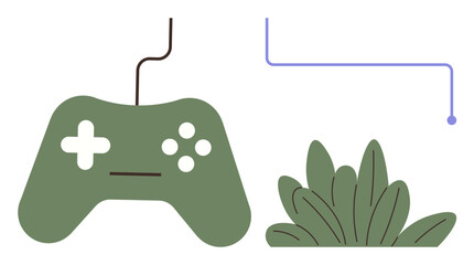 Green gaming controller paired with abstract lines above lush leaves. Ideal for gaming, technology, nature, recreation, minimalism, entertainment, connection concepts. Simple flat metaphor