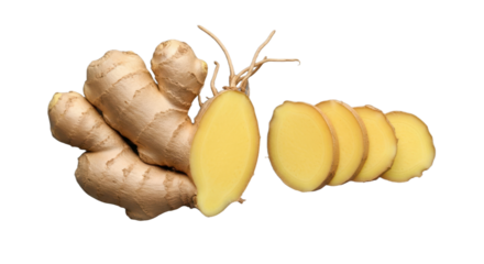 Fresh ginger root and slices isolated on black background for culinary and herbal uses