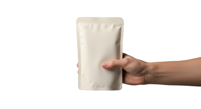 Hand holding blank white packaging pouch on black background