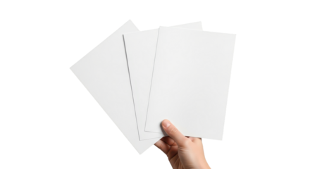 Hand holding three blank a4 sheets on black background