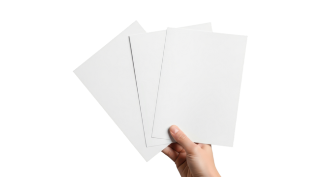 Hand holding three blank a4 sheets on black background