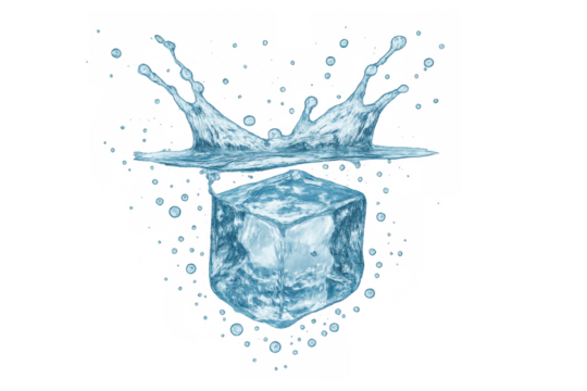 Ice cube plunging into water and generating a dynamic splash with many droplets, displaying freshness and coolness on a transparent background