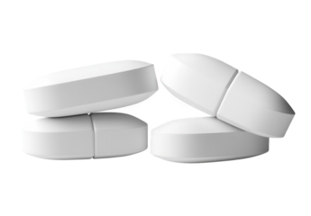 Several white, oblongshaped pills isolated on transparent background, stacked in a small pile, commonly used for medication, supplements, or pharmaceutical purposes