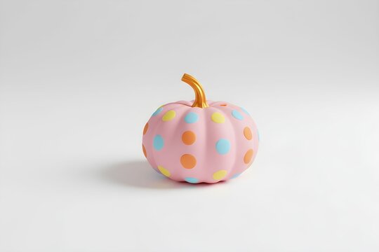 A charming pastel pink pumpkin decorated with colorful polka dots against a clean white background.