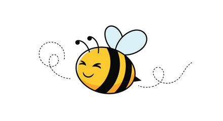 Happy cartoon bee flying with dotted trail on white background.
