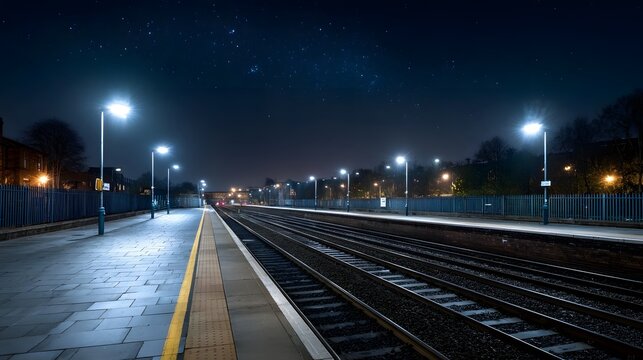 A deserted train station platform at night illuminated by streetlights with railway tracks stretching into the distance under a clear starry sky - Powered by Adobe