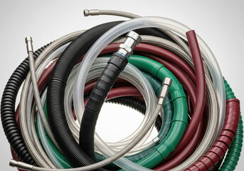 Coiled industrial hoses: braided metal, corrugated plastic in black, green, red, and clear PVC tubing with fittings for fluid systems.