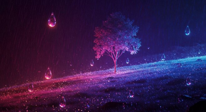 Ethereal rainscape featuring a solitary tree and floating raindrops reflecting light